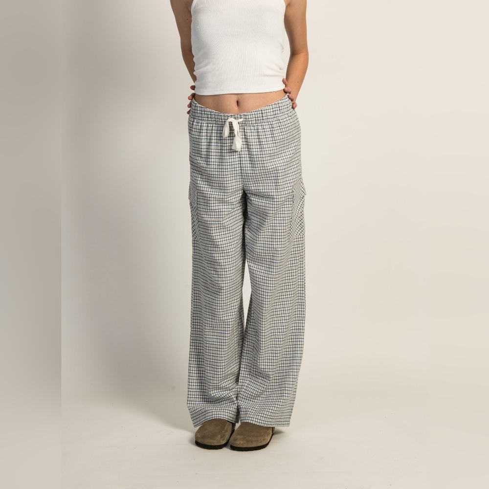 Wide-Leg Drawstring Plaid Pants - White/blu